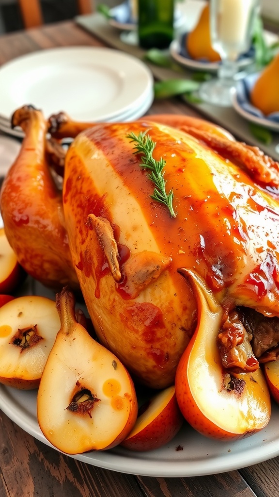 Maple-Dijon glazed turkey with roasted pears on a festive table.